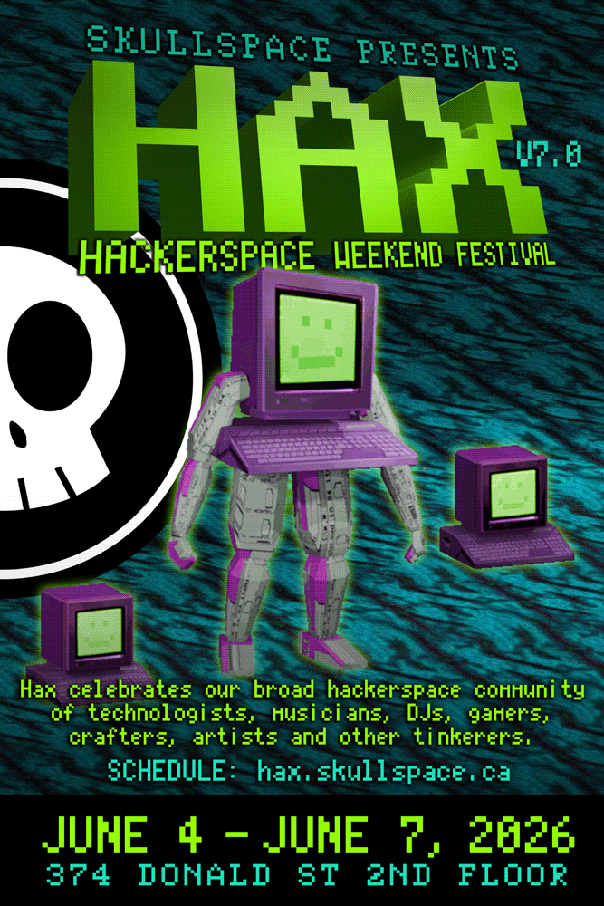 Hax 7.0 graphic, in a 1990s style, a dancing humanoid robot has a happy face CRT head and chest level keyboard -- flanked by two dancing, happy face CRT/keyboard pairs